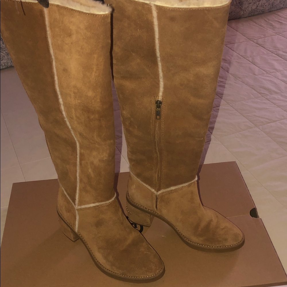 UGG Classic Tan Suede Knee-High Shearling Boots - Women